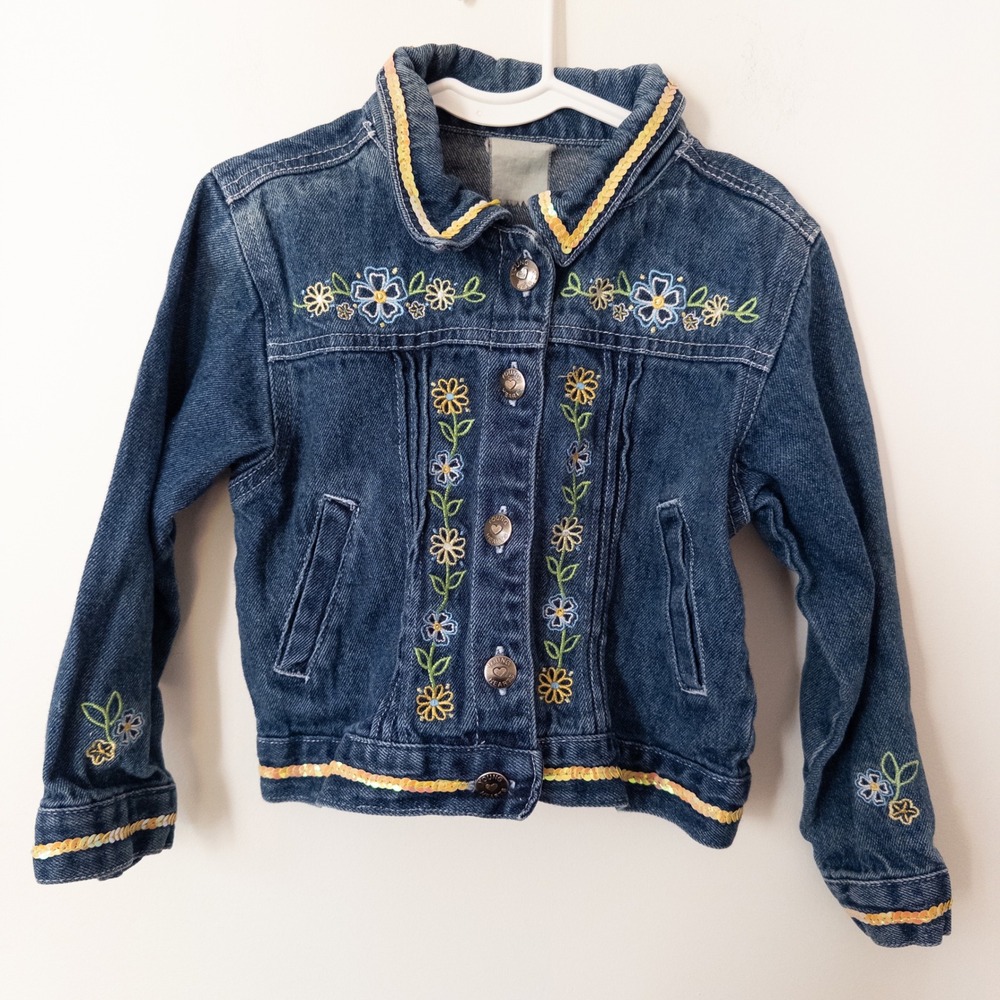 Vintage Y2K Embroidered Denim‎ Jacket Girls Sz 5 Flower Sequin Jean Coat 2000s